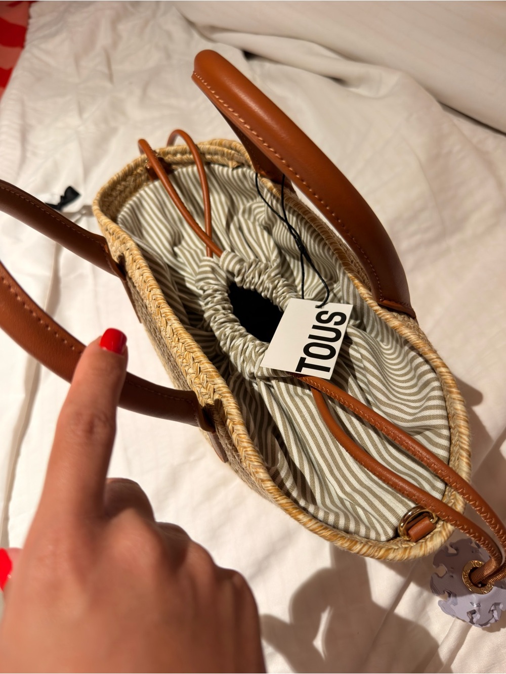Tous Straw Tote with Tan Leather Handles and Cream Drawstring - Picture 6 of 7